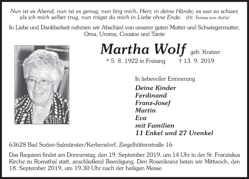  Traueranzeige für Martha Wolf vom 19.09.2019 aus FZ
