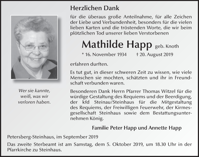  Traueranzeige für Mathilde Happ vom 28.09.2019 aus FZ