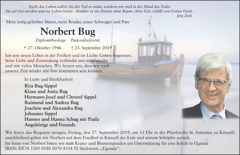  Traueranzeige für Norbert Bug vom 26.09.2019 aus FZ