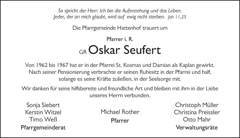  Traueranzeige für Oskar Seufert vom 18.09.2019 aus FZ