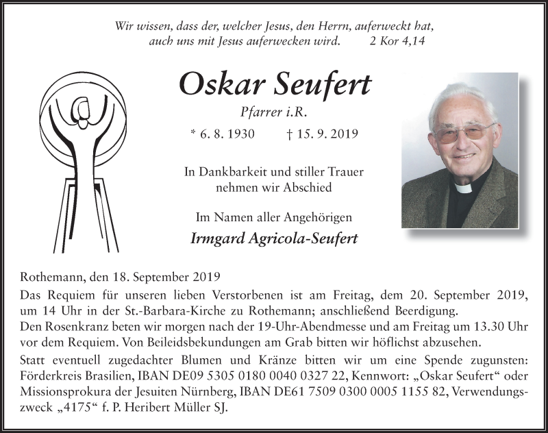  Traueranzeige für Oskar Seufert vom 18.09.2019 aus FZ