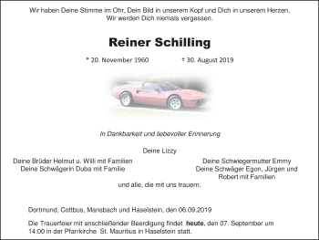 Traueranzeige von Reiner Schilling von FZ