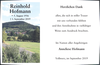 Traueranzeige von Reinhold Hofmann von FZ