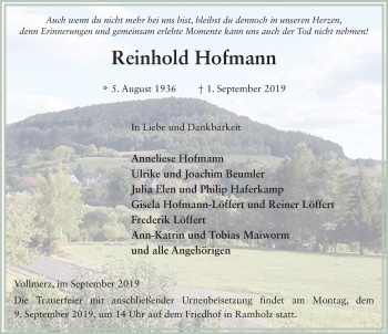 Traueranzeige von Reinhold Hofmann von FZ