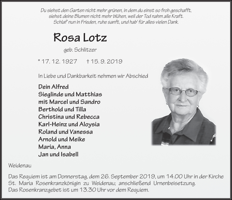  Traueranzeige für Rosa Lotz vom 23.09.2019 aus FZ