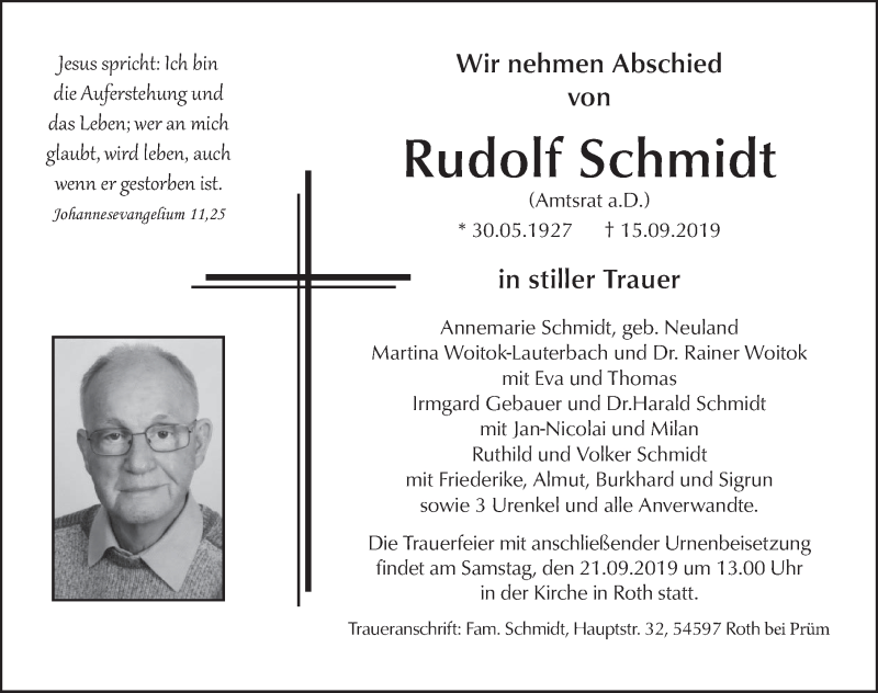  Traueranzeige für Rudolf Schmidt vom 19.09.2019 aus FZ