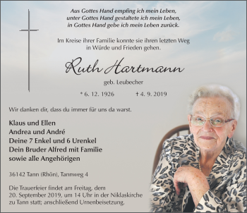 Traueranzeige von Ruth Hartmann von FZ