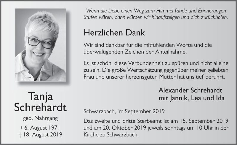  Traueranzeige für Tanja Schrehardt vom 11.09.2019 aus FZ