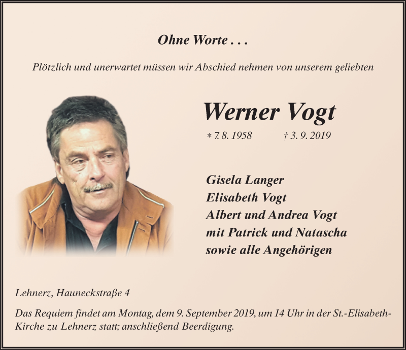  Traueranzeige für Werner Vogt vom 06.09.2019 aus FZ