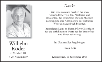 Traueranzeige von Wilhelm R?der von FZ