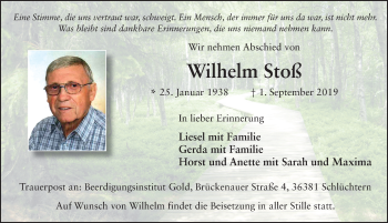 Traueranzeige von Wilhelm Stoß von FZ