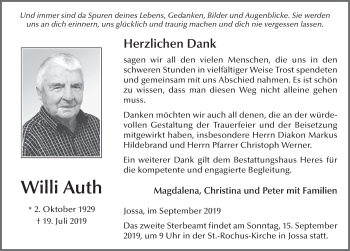 Traueranzeige von Willi Auth von FZ