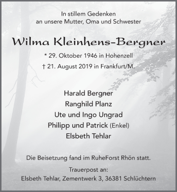 Traueranzeige von Wilma Kleinhens-Bergner von FZ
