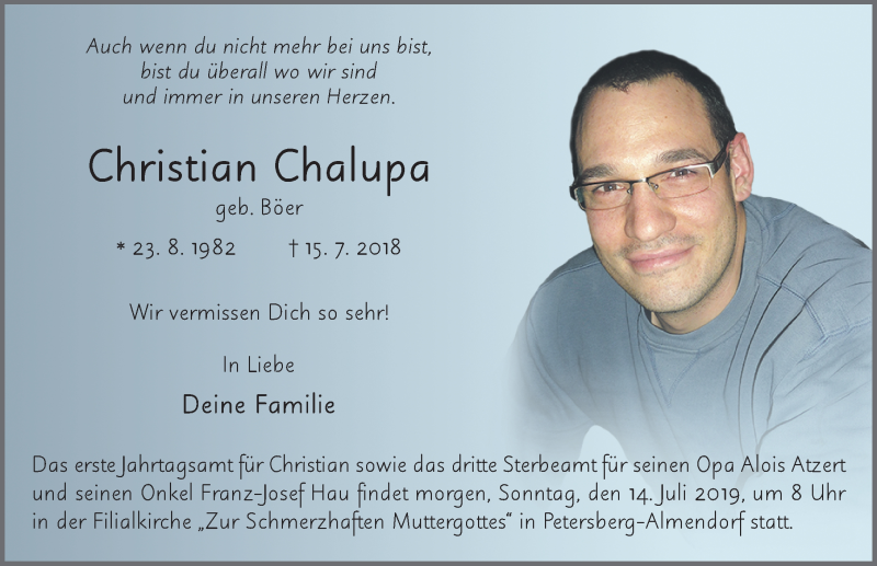  Traueranzeige für Christian Chalupa vom 13.07.2019 aus FZ