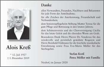 Traueranzeige von Alois Kreß von FZ
