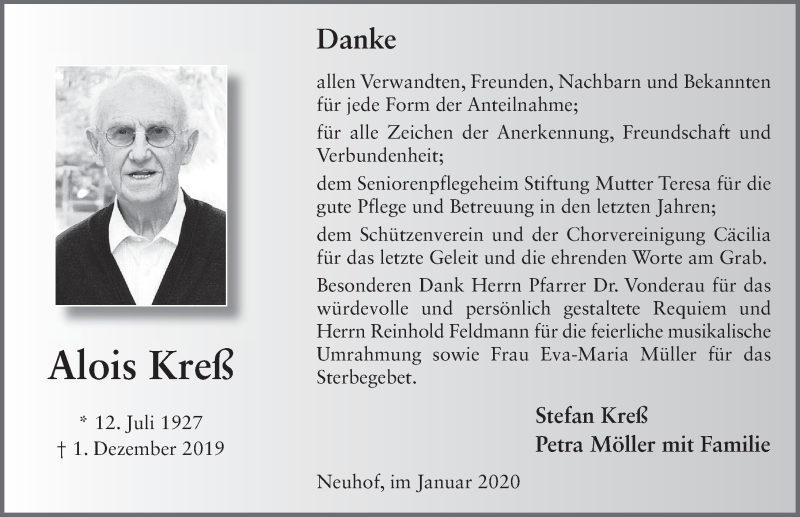  Traueranzeige für Alois Kreß vom 18.01.2020 aus FZ
