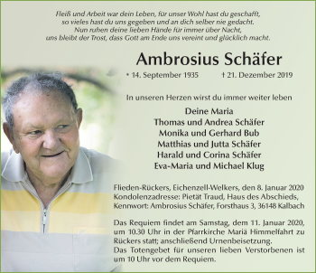 Traueranzeige von Ambrosius Schäfer von FZ