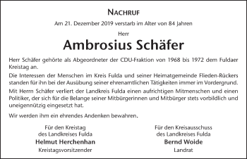 Traueranzeige von Ambrosius Schäfer von FZ