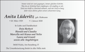Traueranzeige von Anita Lüderitz von FZ
