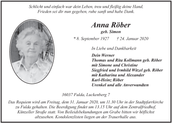 Traueranzeige von Anna Röber von FZ