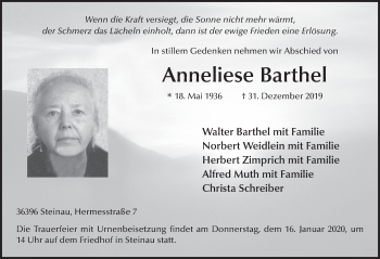 Traueranzeige von Anneliese Barthel von FZ