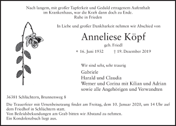 Traueranzeige von Anneliese Köpf von FZ