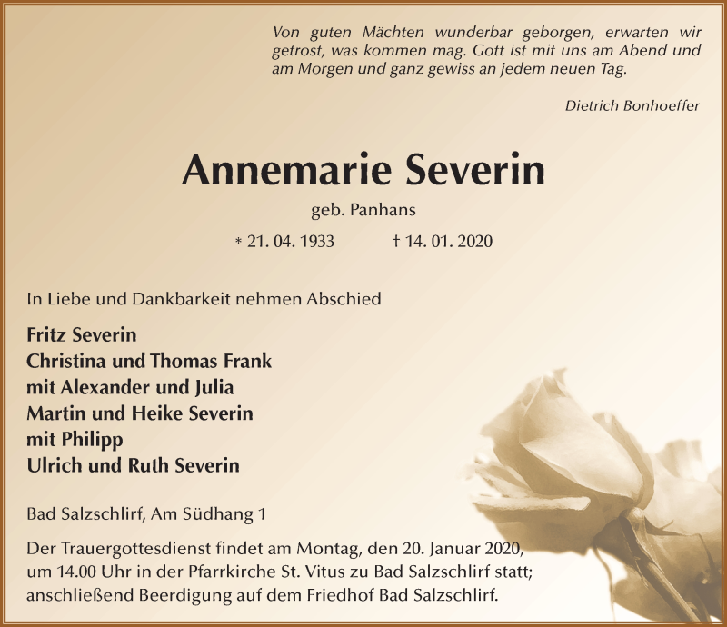  Traueranzeige für Annemarie Severin vom 17.01.2020 aus FZ