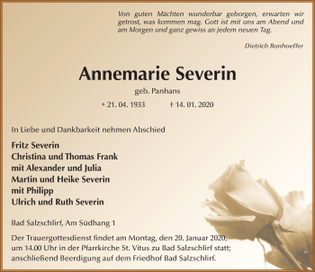 Traueranzeige von Annemarie Severin von FZ