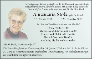 Traueranzeige von Annemarie Stolz von FZ