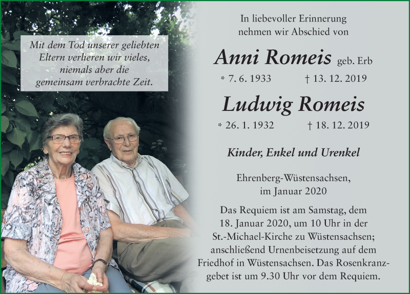  Traueranzeige für Anni Romeis vom 16.01.2020 aus FZ