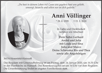 Traueranzeige von Anni Völlinger von FZ