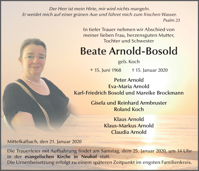  Traueranzeige für Beate Arnold-Bosold vom 21.01.2020 aus FZ