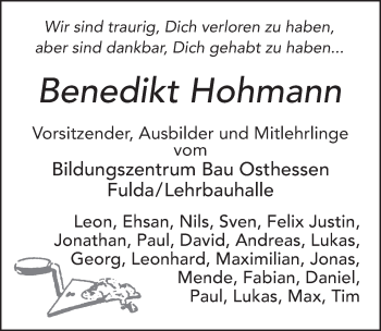 Traueranzeige von Benedikt Hohmann von FZ