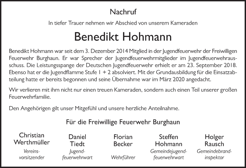  Traueranzeige für Benedikt Hohmann vom 11.01.2020 aus FZ