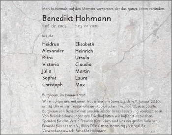 Traueranzeige von Benedikt Hohmann von FZ