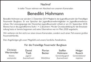 Traueranzeige von Benedikt Hohmann von FZ
