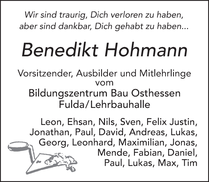  Traueranzeige für Benedikt Hohmann vom 14.01.2020 aus FZ
