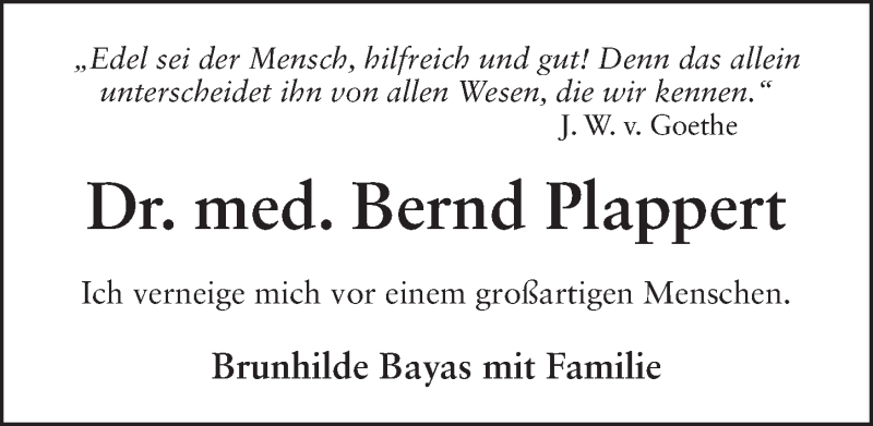  Traueranzeige für Bernd Plappert vom 09.01.2020 aus FZ