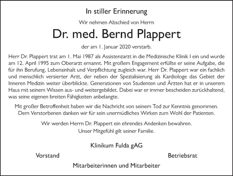  Traueranzeige für Bernd Plappert vom 09.01.2020 aus FZ