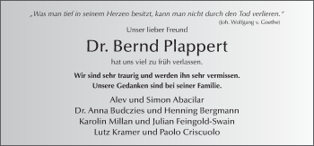 Traueranzeige von Bernd Plappert von FZ