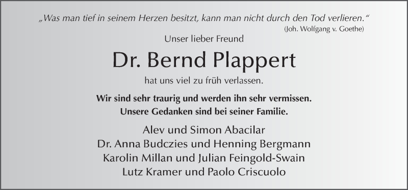  Traueranzeige für Bernd Plappert vom 08.01.2020 aus FZ