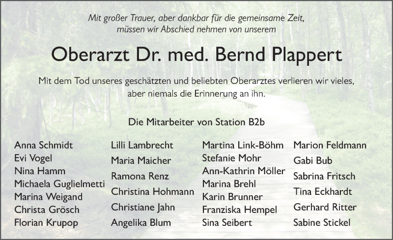  Traueranzeige für Bernd Plappert vom 08.01.2020 aus FZ