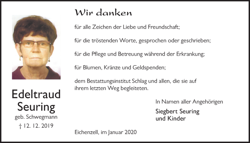  Traueranzeige für Edeltraud Seuring vom 15.01.2020 aus FZ