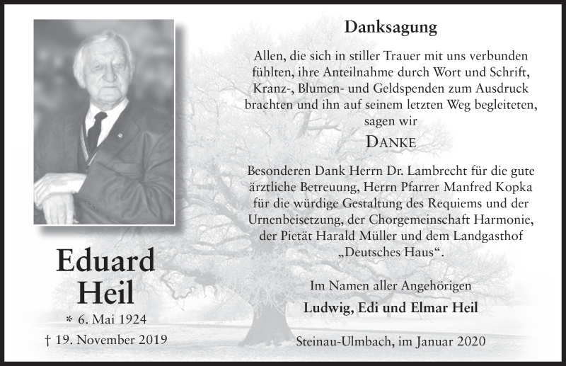  Traueranzeige für Eduard Heil vom 07.01.2020 aus FZ