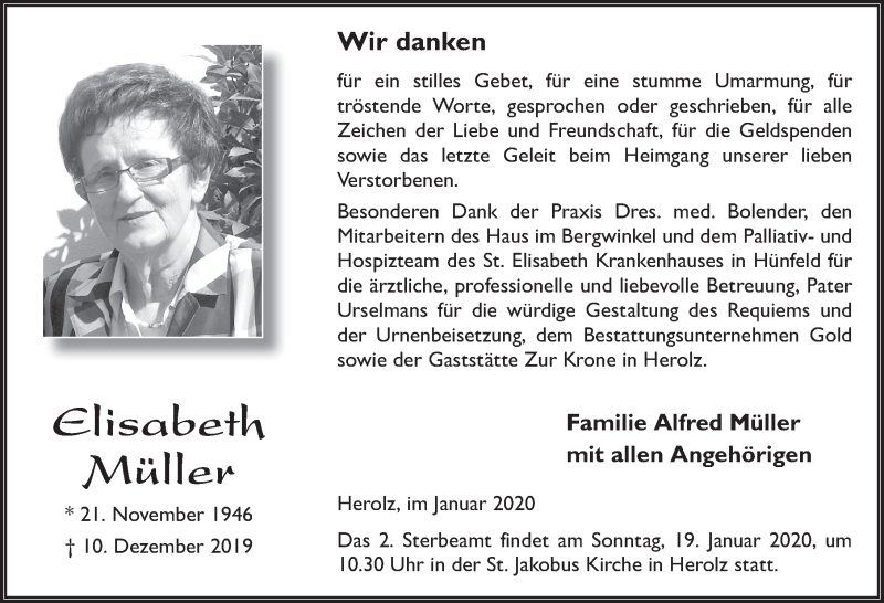  Traueranzeige für Elisabeth Müller vom 14.01.2020 aus FZ