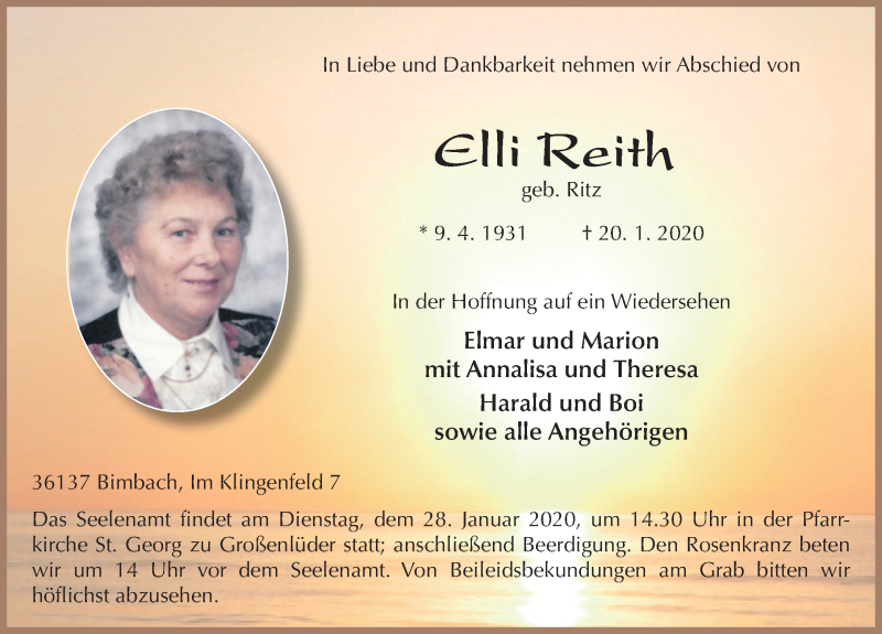  Traueranzeige für Elli Reith vom 24.01.2020 aus FZ