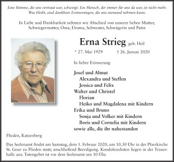 Traueranzeige von Erna Strieg von FZ
