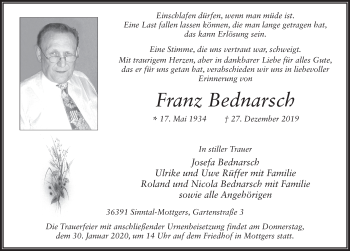Traueranzeige von Franz Bednarsch von FZ