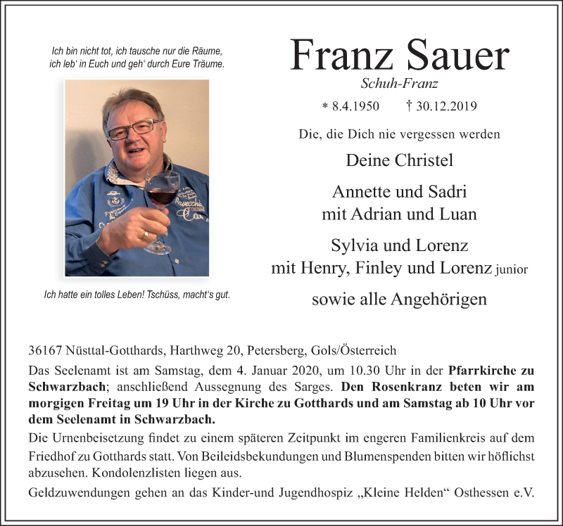  Traueranzeige für Franz Sauer vom 02.01.2020 aus FZ
