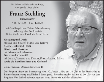 Traueranzeige von Franz Stehling von FZ
